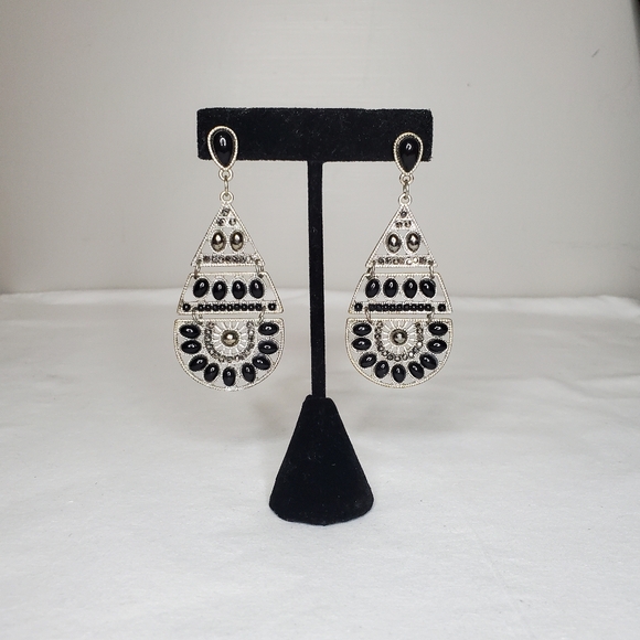 Teardrop Silver and Black Dangle Earrings - Picture 1 of 10